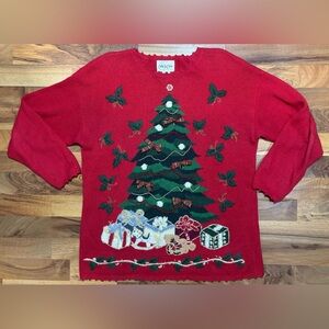 Carly St Claire Vintage Christmas Sweater M Tree Bows Beads Gifts Ugly Holiday
